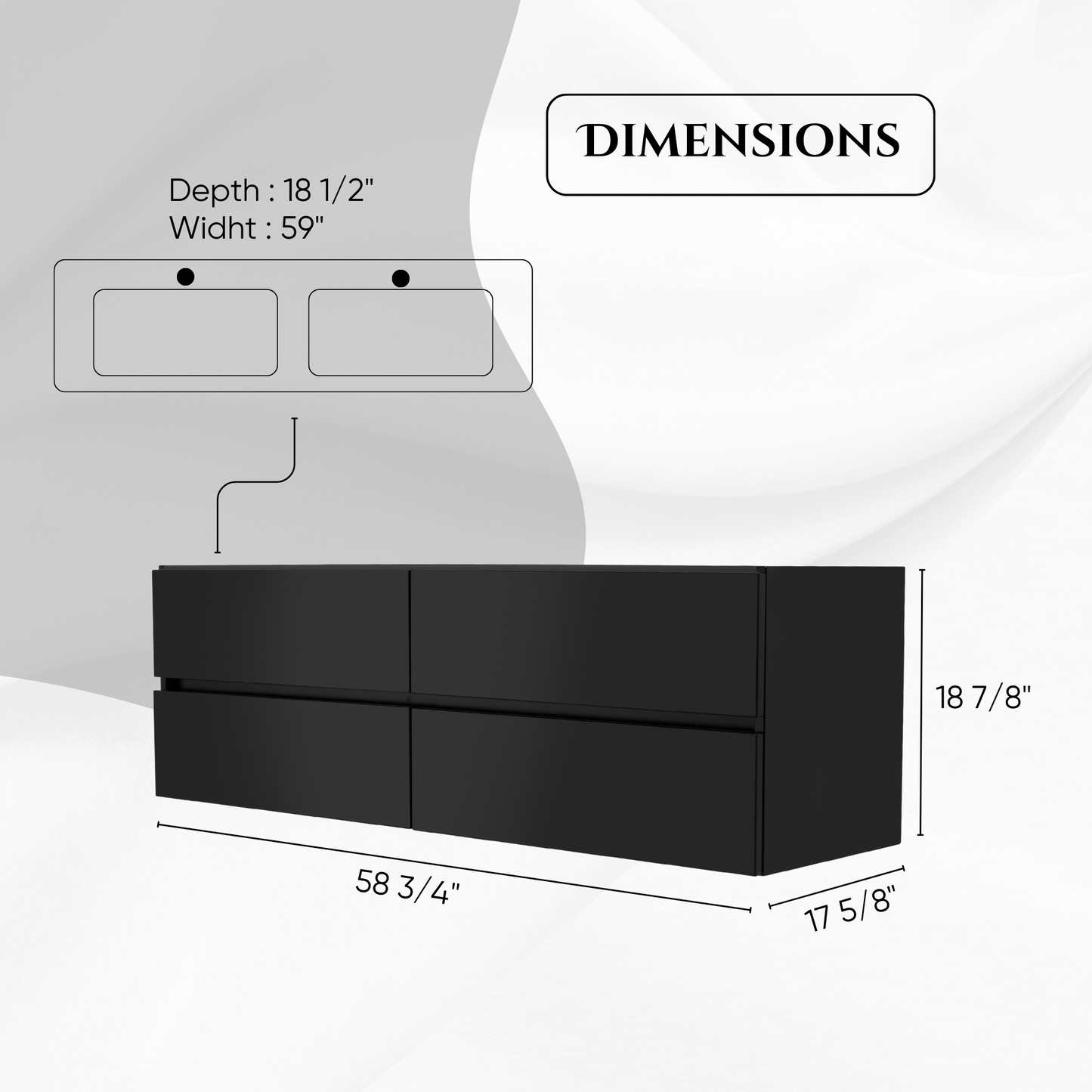 60 Inch High Gloss Black Veneto Floating Bathroom Vanity