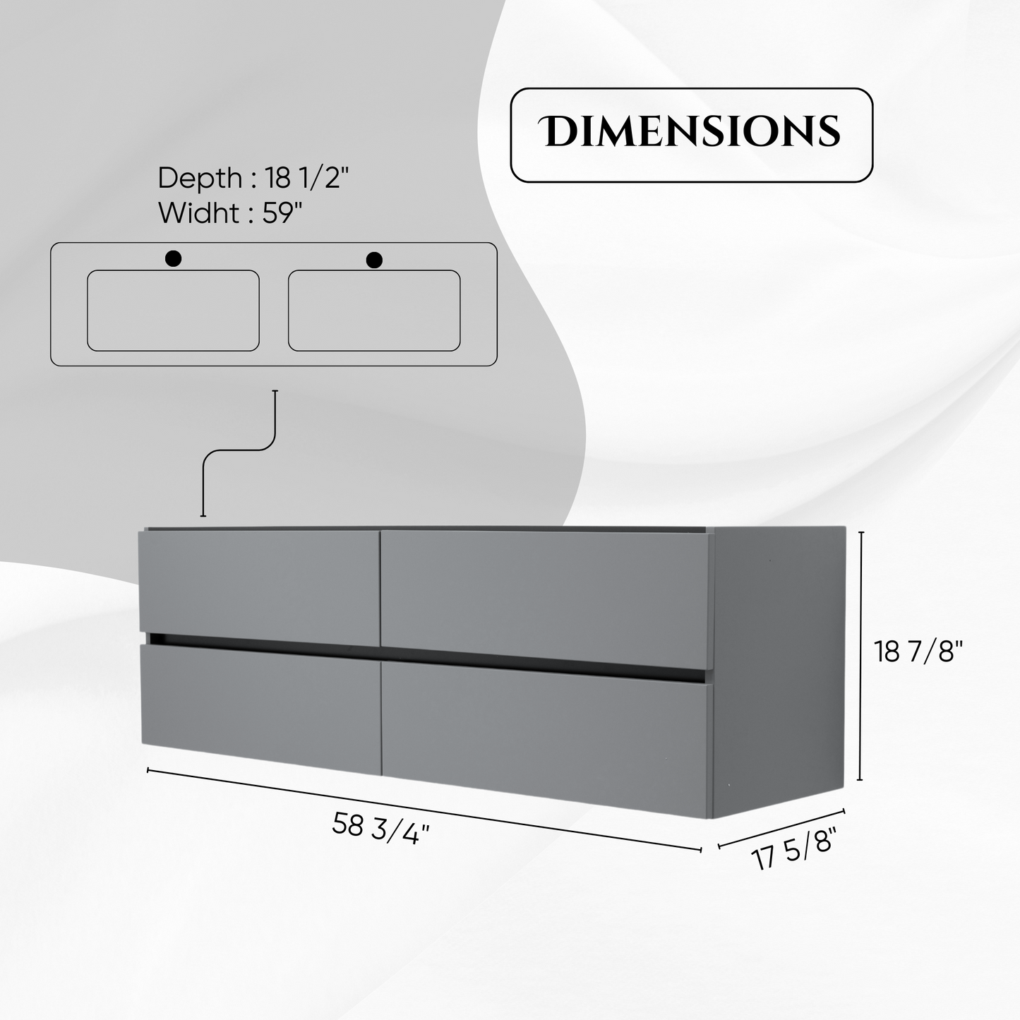 60 Inch Matte Dust Gray Veneto Floating Bathroom Vanity