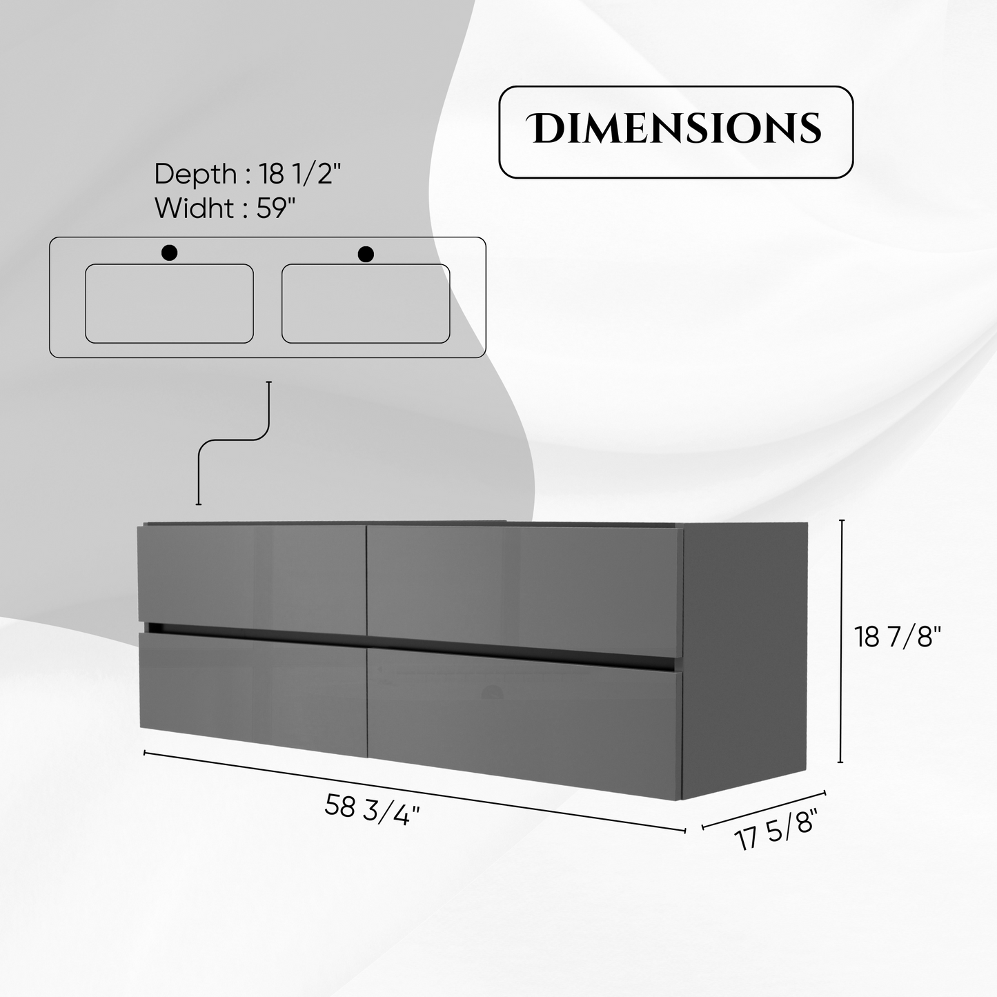 60 Inch High Gloss Anthracite Veneto Floating Bathroom Vanity