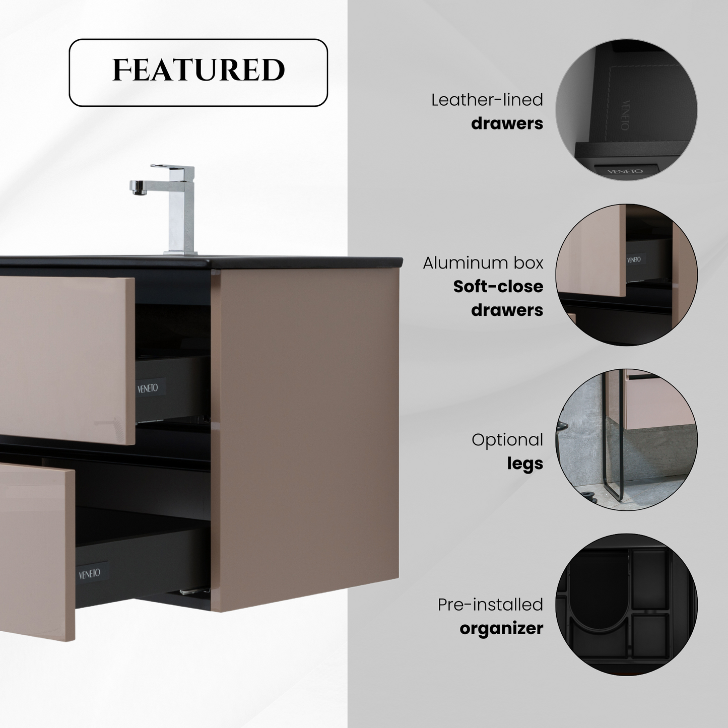 24 Inch High Gloss Capuccino Veneto Floating Bathroom Vanity