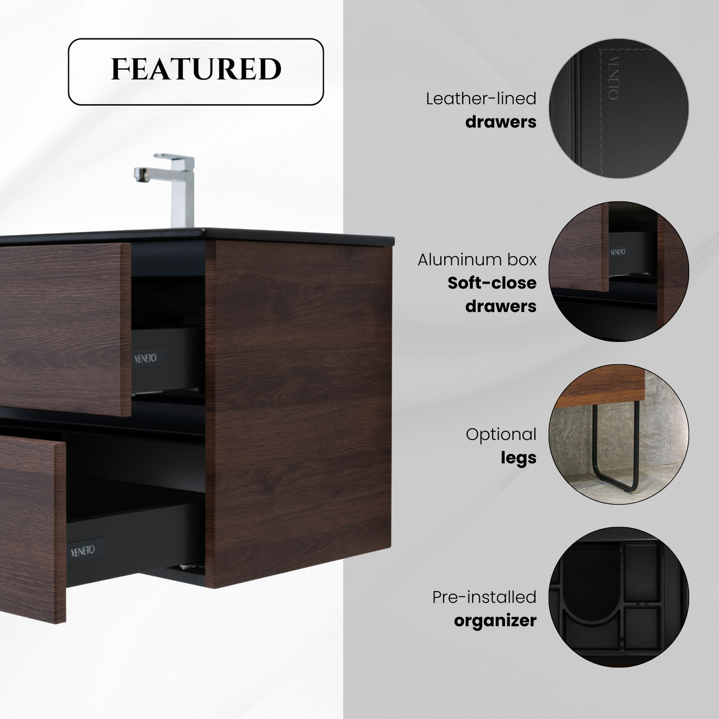 60 Inch Dark Oak Veneto Floating Bathroom Vanity