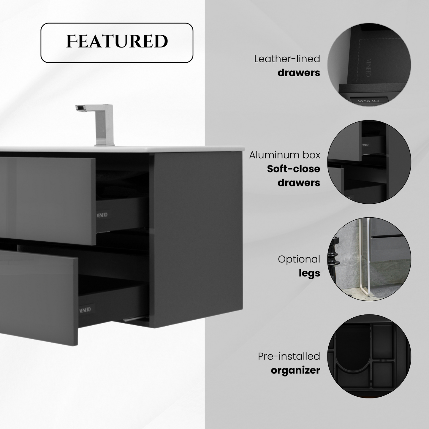 48 Inch High Gloss Anthracite Veneto Floating Bathroom Vanity