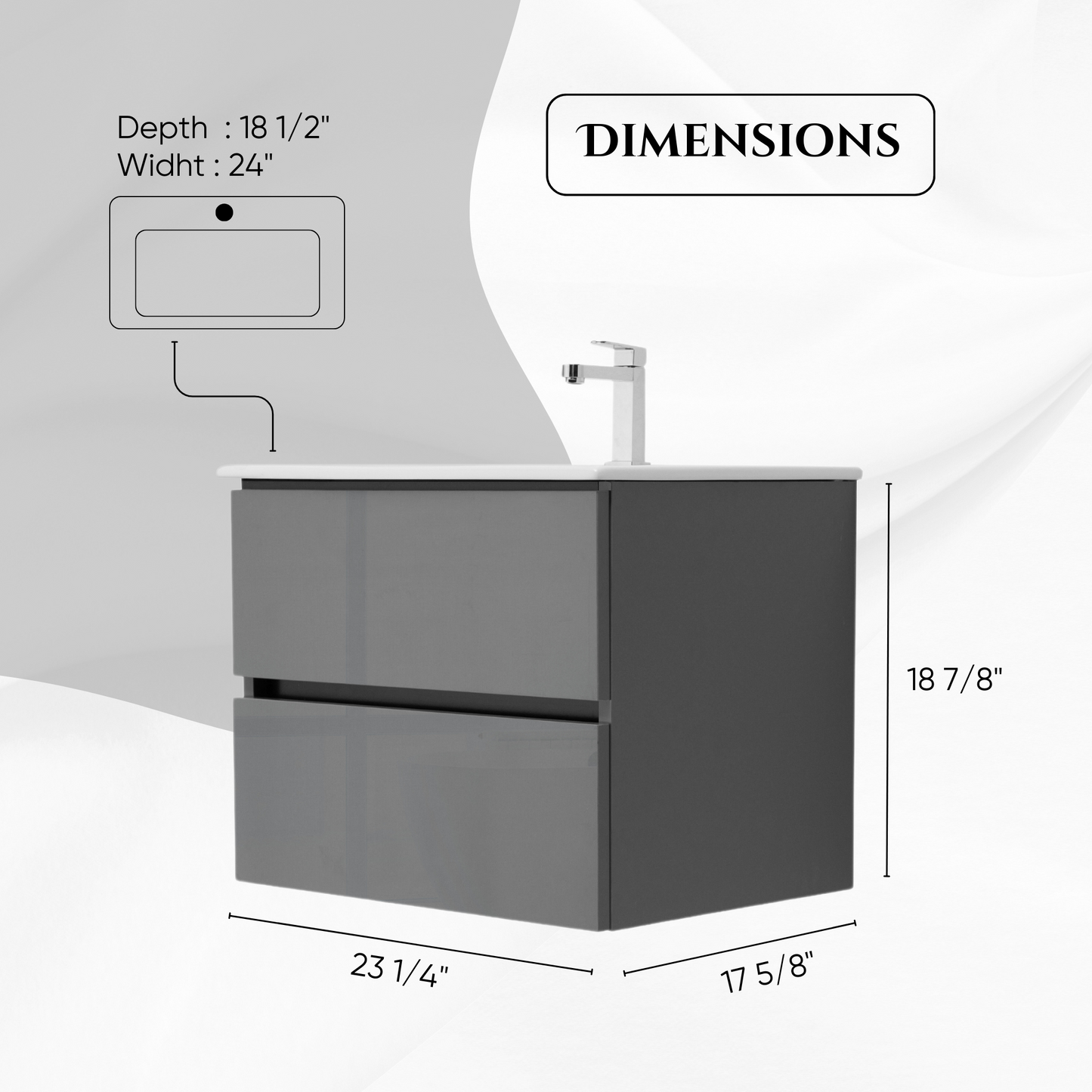 24 Inch High Gloss Anthracite Veneto Floating Bathroom Vanity