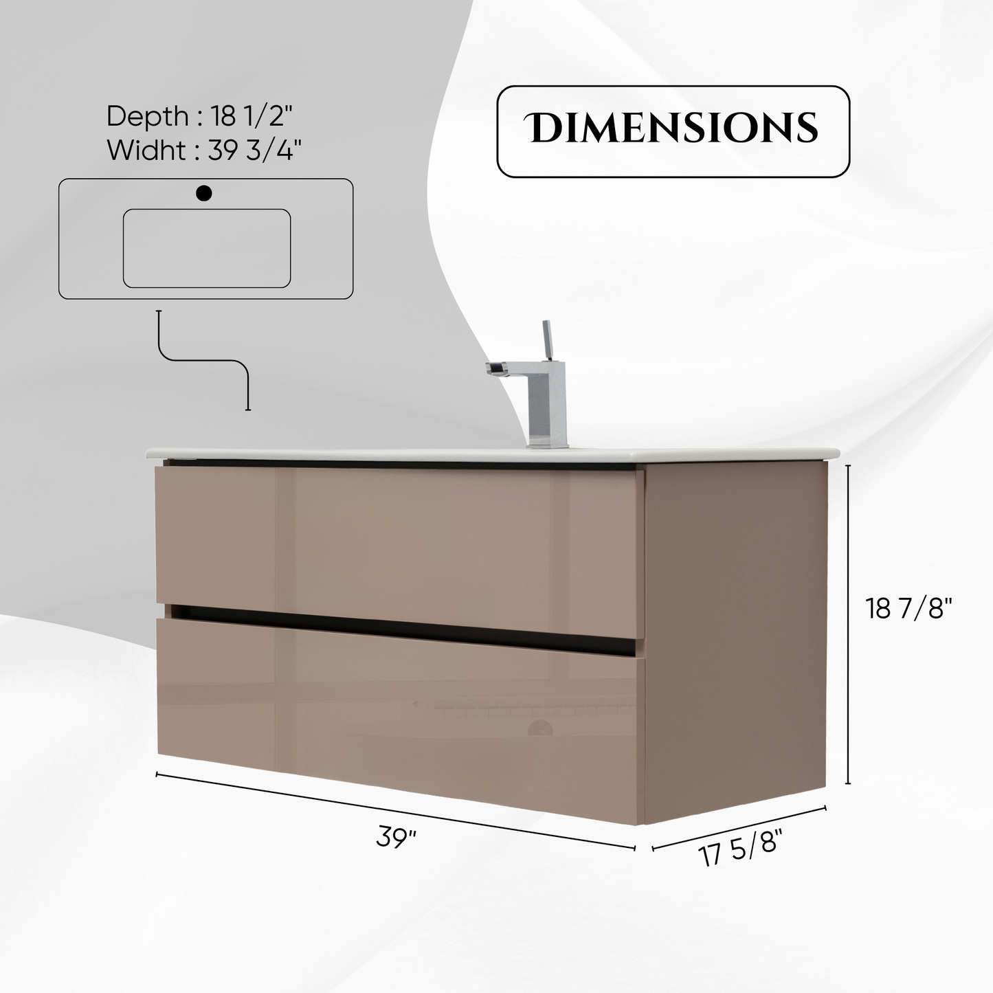 40 Inch High Gloss Capuccino Veneto Floating Bathroom Vanity