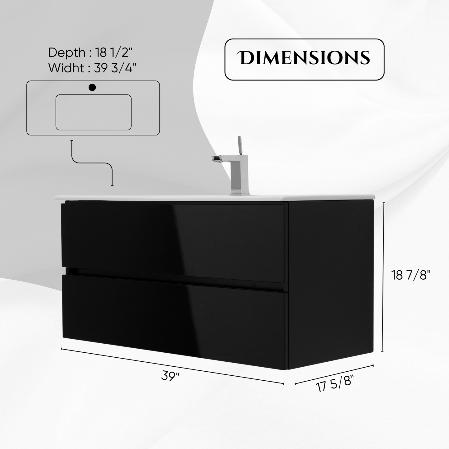 40 Inch High Gloss Black Veneto Floating Bathroom Vanity